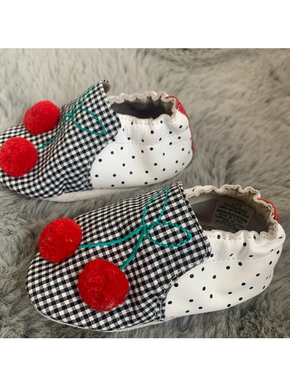 Robeez Black Gingham Baby Shoes with Red Cherry Appliqués 6-12 Months